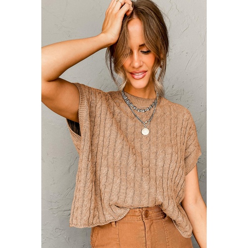 Light French Beige Crew Neck Cable Knit Short Sleeve Sweater - L - Main Image