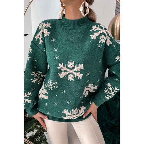 Blackish Green Christmas Snowflake Mock Neck Sweater - S - Main Image