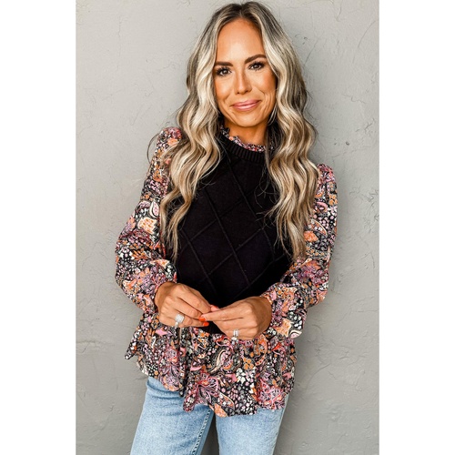 Black Contrast Floral Sleeve Peplum Sweater - S - Main Image