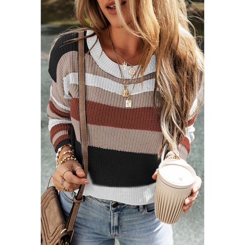 Taupe Classic Round Neck Colorblock Knit Sweater - XL - Main Image