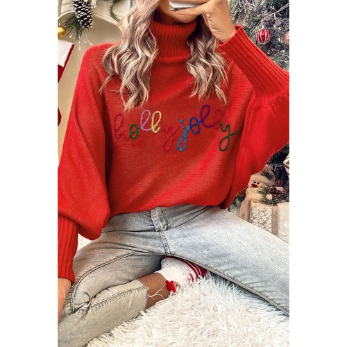 Fiery Red Christmas Holly Jolly Tinsel Graphic High Neck Sweater - M - Main Image