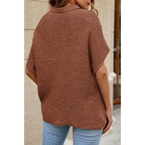 Coffee High Neck Short Bat Sleeve Sweater - L - Main Image