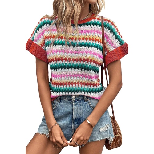 Fiery Red Trimmed Ruffle Sleeve Colorful Textured Sweater - L - Main Image