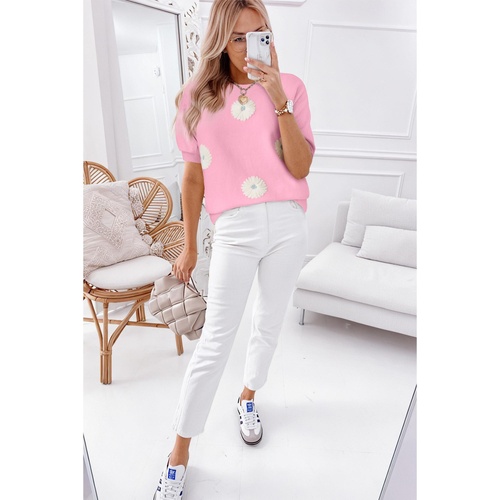 Pink Flower Pattern Short Sleeve Knitted Top - M - Main Image