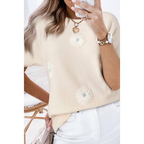 Beige Flower Pattern Short Sleeve Knitted Top - L - Main Image