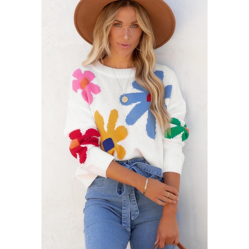 White Colorful Big Flower Pattern Crewneck Sweater - M - Main Image