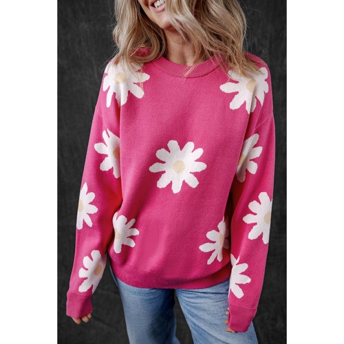 Bright Pink Daisy Flower Crew Neck Long Sleeve Sweater - M - Main Image