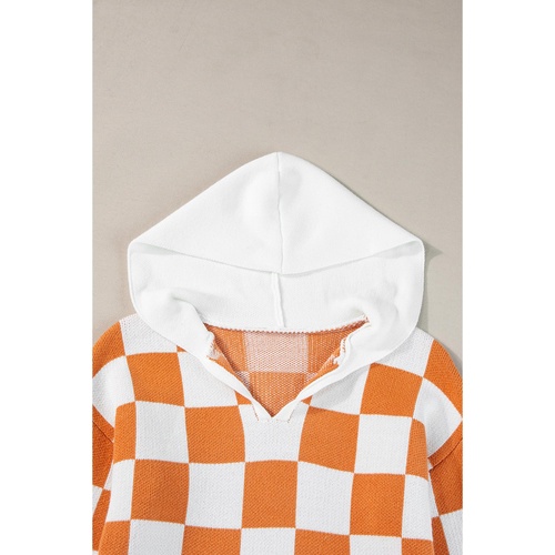 Gold Flame Checkered Split Neck Contrast Kangaroo Pocket Hooded Sweater - L - Main Image