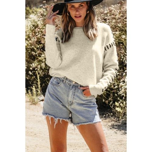 White Contrast Stitch Detail Ribbed Trim Sweater - XL - Main Image