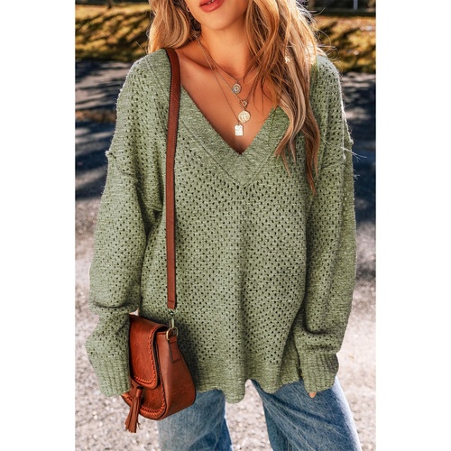Jungle Green Loose Eyelet V Neck Drop Shoulder Sweater - S - Main Image