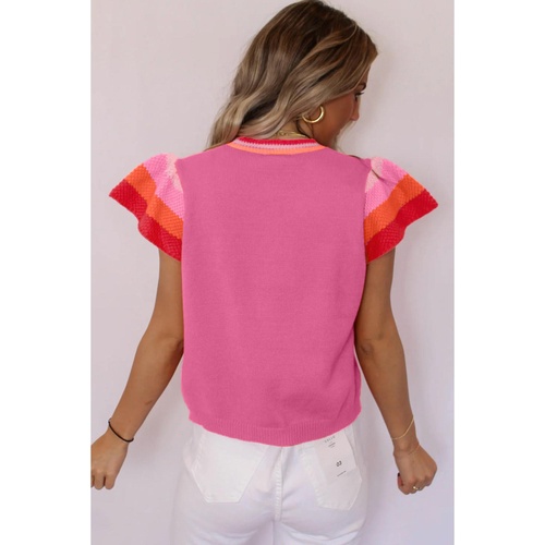 Bright Pink Contrast Flutter Sleeves Knitted Sweater T Shirt - M - Main Image