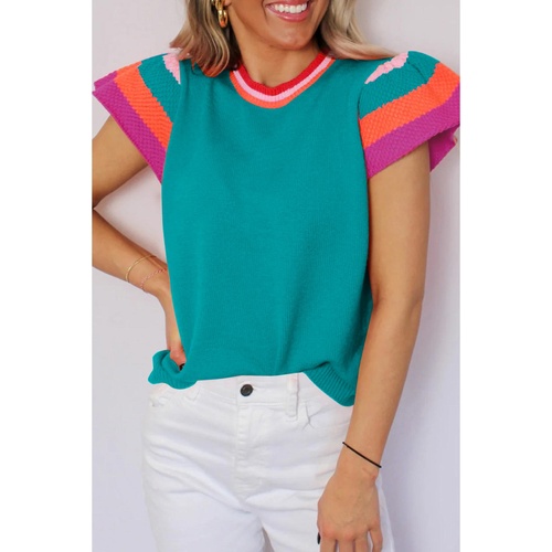 Turquoise Contrast Flutter Sleeves Knitted Sweater T Shirt - S - Main Image