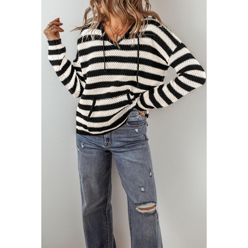 White Stripe V Neck Pocketed Drawstring Hooded Sweater - S - Main Image