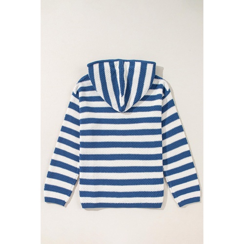 Blue Stripe V Neck Pocketed Drawstring Hooded Sweater - XL - Main Image