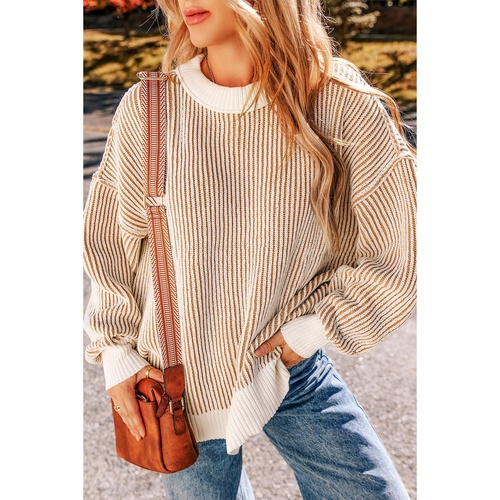 Chestnut Striped Textured Knit Contrast Edge Loose Sweater - L - Main Image