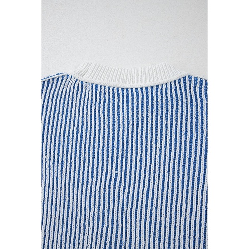 Dark Blue Striped Textured Knit Contrast Edge Loose Sweater - 3XL - Main Image