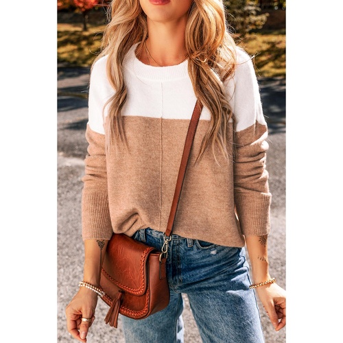 Straw Yellow Colorblock Ribbed Trim Round Neck Sweater - L - Main Image