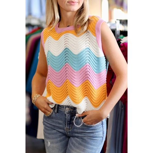 Multicolour Striped Colorblock Scalloped Hem Knitted Vest - XL - Main Image