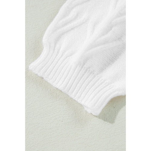 White Flower Detail Knitted Notched Neck Sweater - L - Main Image