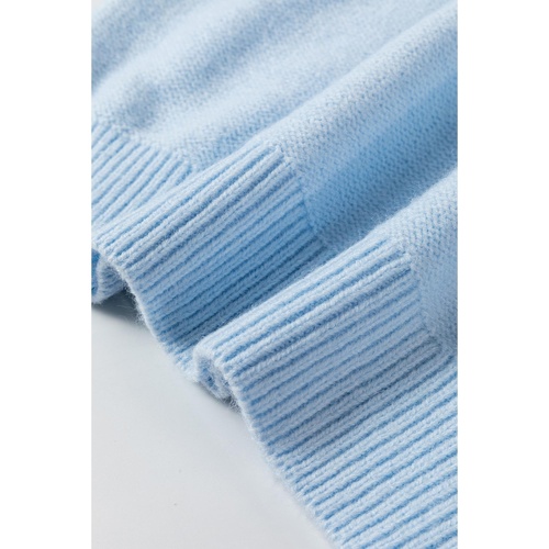 Light Blue Knitted Flower Pattern Ribbed Edge Sweater - M - Main Image