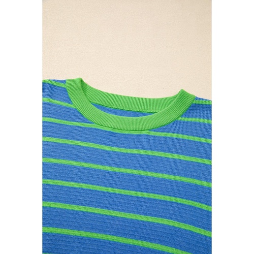 Sky Blue Stripe Trimmed Round Neck Drop Shoulder Loose Sweater - L - Main Image