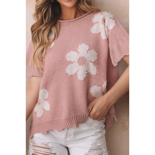 Light Pink Pearled Flower Distressed Edge Sweater T Shirt - L - Main Image