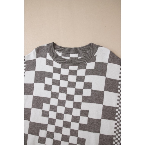 Gray Checkered Print Drop Shoulder Round Neck Sweater - L - Main Image