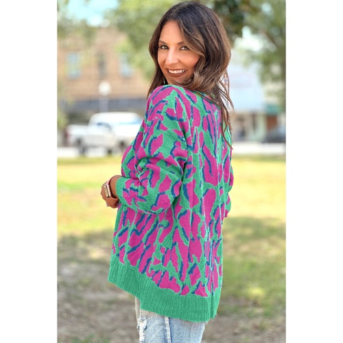 Green Abstract Print Ribbed Trim Baggy Sweater - M - Main Image