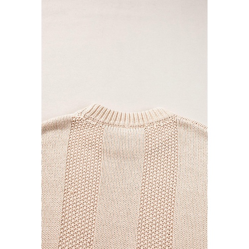 Pale Khaki Solid Color Cable Knit Ribbed Loose Sweater - L - Main Image