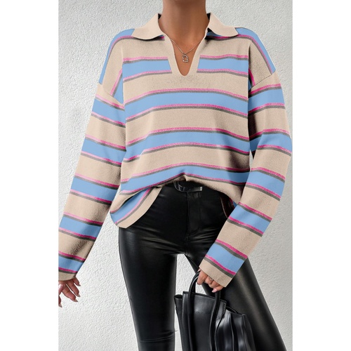 Apricot Stripe Collared V Neck Drop Shoulder Loose Sweater - L - Main Image