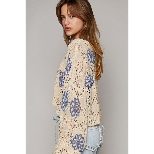 Beige Contrast Flower Print Eyelet Drop Shoulder Sweater - L - Main Image