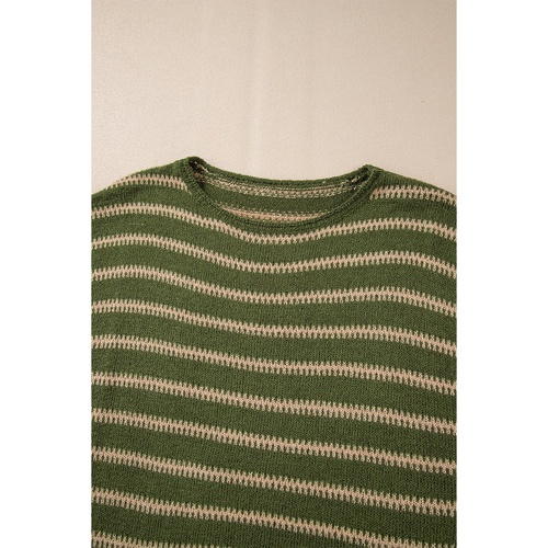 Green Stripe Drop Shoulder Casual Sweater - M - Main Image