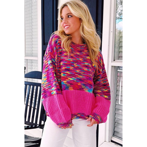Bright Pink Rainbow Confetti Drop Shoulder Sweater - S - Main Image