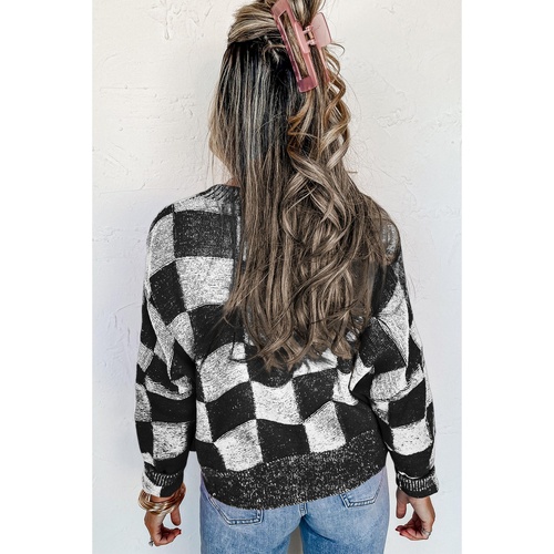Black Checkered Drop Shoulder Buttoned V Neck Cardigan - XL - Main Image