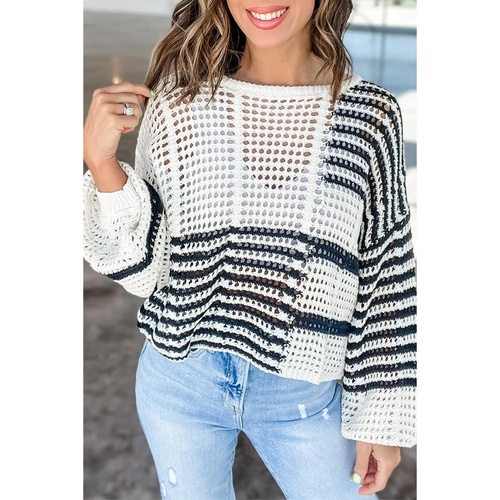 White Stripe Contrast Striped Crochet Puff Sleeve Sweater - XL - Main Image