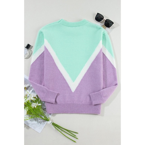 Green Chevron Colorblock Ribbed Knit Drop Shoulder Sweater - S - Main Image