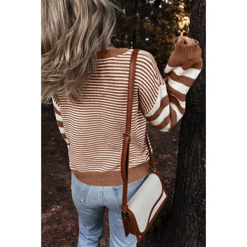 Brown Stripe Geometric Textured Drop Shoulder Sweater - 2XL - Main Image