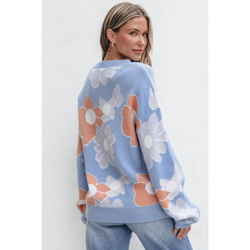 Beau Blue Floral O Neck Drop Shoulder Knitted Sweater - S - Main Image