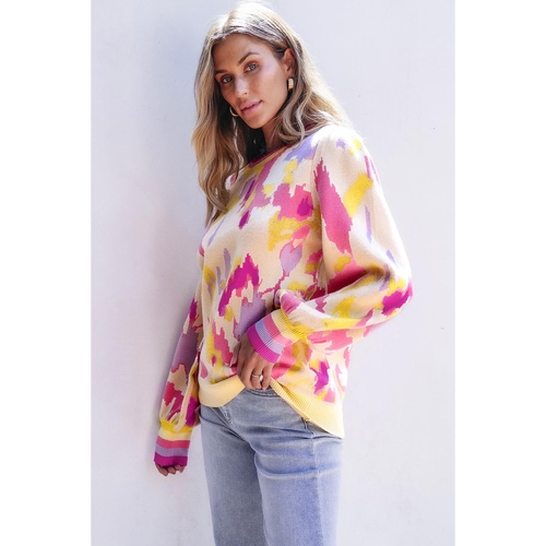 Khaki Abstract Print Colorblock Balloon Sleeve Sweater - L - Main Image