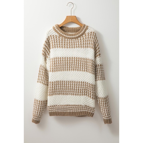 Brown Stripe Drop Shoulder Round Neck Loose Sweater - L - Main Image