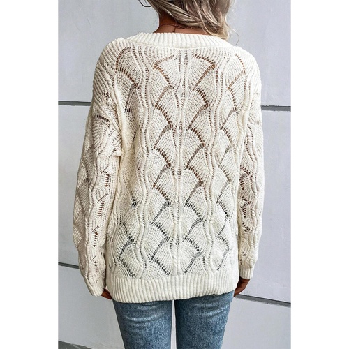 Beige Hollow Out Knit V Neck Drop Shoulder Sweater - L - Main Image