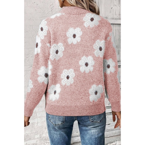 Pink Floral Pattern Half Zip Drop Shoulder Sweater - L - Main Image