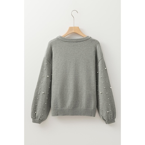 Light Grey Pearled Drop Shoulder Round Neck Sweater - L - Main Image