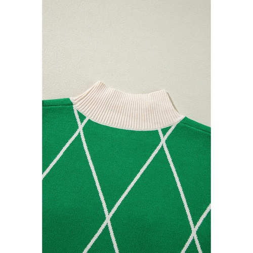 Dark Green Diamond Pattern Pom Accents Contrast Trim High Neck Sweater - L - Main Image
