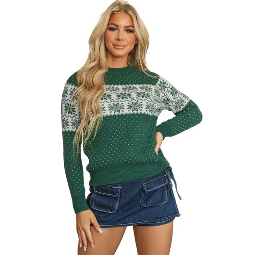 Green Christmas Snowflake Dotted Print Round Neck Sweater - L - Main Image