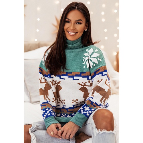 Canton Christmas Reindeer Snowflake Colorblock Turtleneck Sweater - L - Main Image