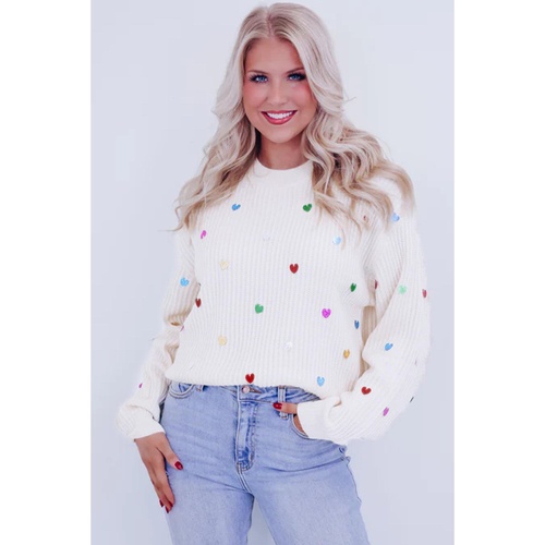 Beige Sequin Heart Shape Waffle Knit Round Neck Sweater - L - Main Image