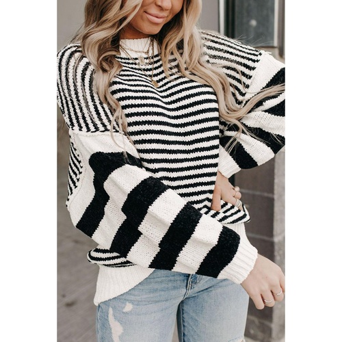 Black white Striped Drop Shoulder Bishop Sleeve Knit Sweater - XL - Main Image