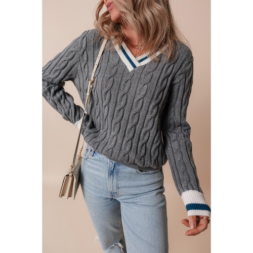Medium Grey Color Contrast Ribbed Edge Cable Knit V Neck Sweater - 2XL - Main Image