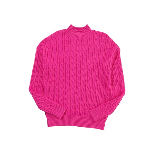 Rose Red Solid Cable Knit High Neck Drop Shoulder Sweater - L - Main Image